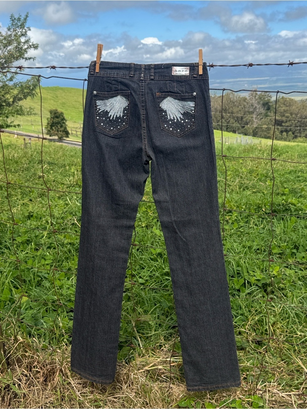 Y2K 90s  Saza  Lowrise Emblished Wings Streight leg Black Denim jeans Size 7